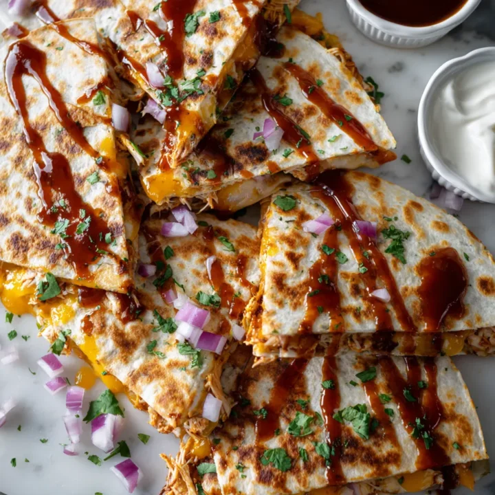 Quesadilla de pollo BBQ crujiente, ideal para compartir en reuniones. Rápida y deliciosa, preparada en solo 30 minutos.