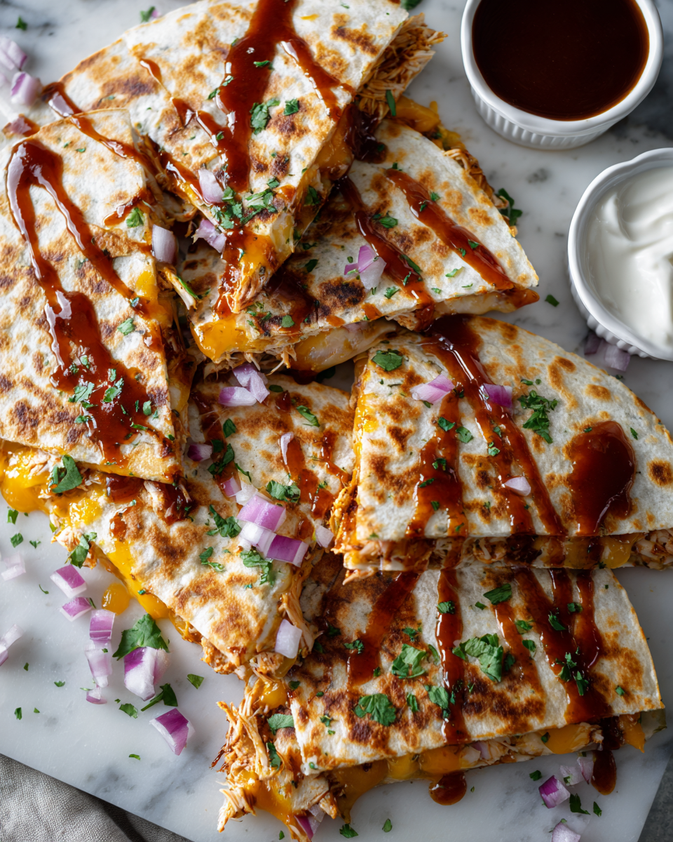 Quesadilla de pollo BBQ crujiente, ideal para compartir en reuniones. Rápida y deliciosa, preparada en solo 30 minutos.