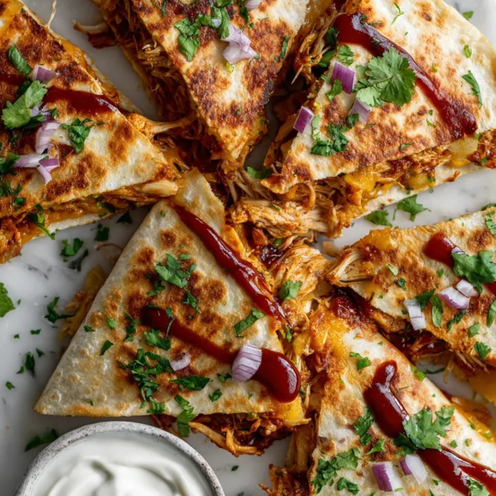 Quesadilla de pollo BBQ crujiente, ideal para compartir en reuniones. Rápida y deliciosa, preparada en solo 30 minutos.