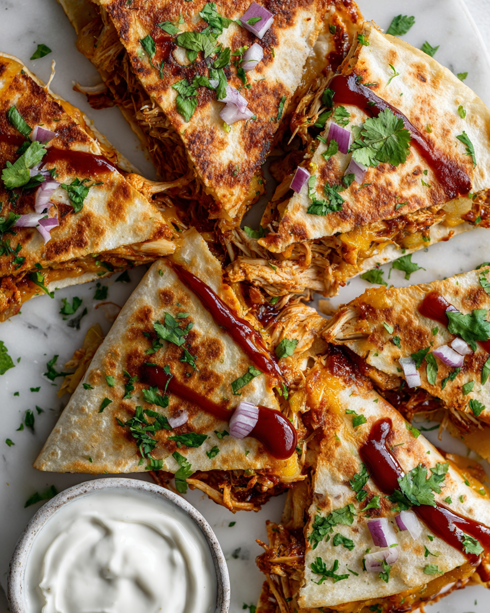Quesadilla de pollo BBQ crujiente, ideal para compartir en reuniones. Rápida y deliciosa, preparada en solo 30 minutos.