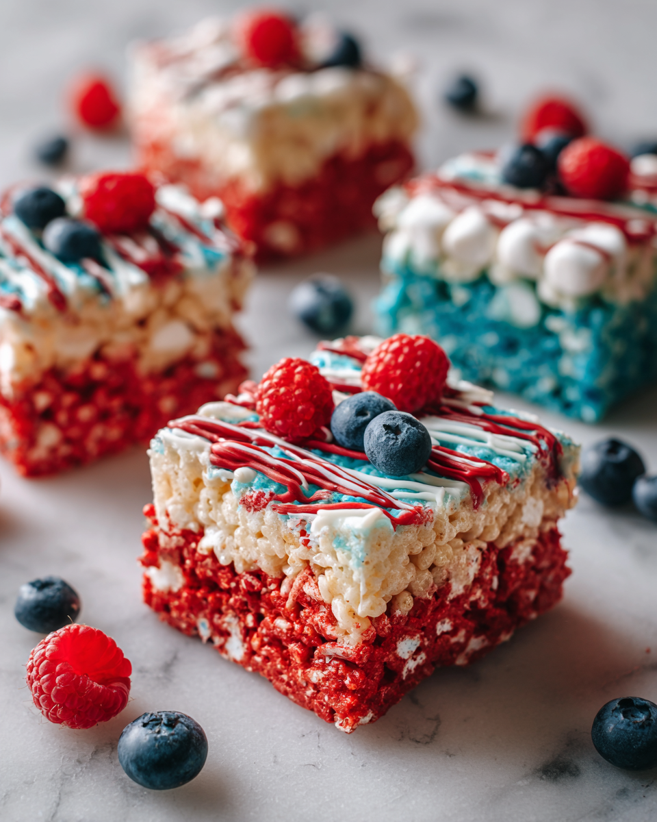 Golosinas patrióticas de Rice Krispies en colores rojo, blanco y azul ideales para celebraciones de verano