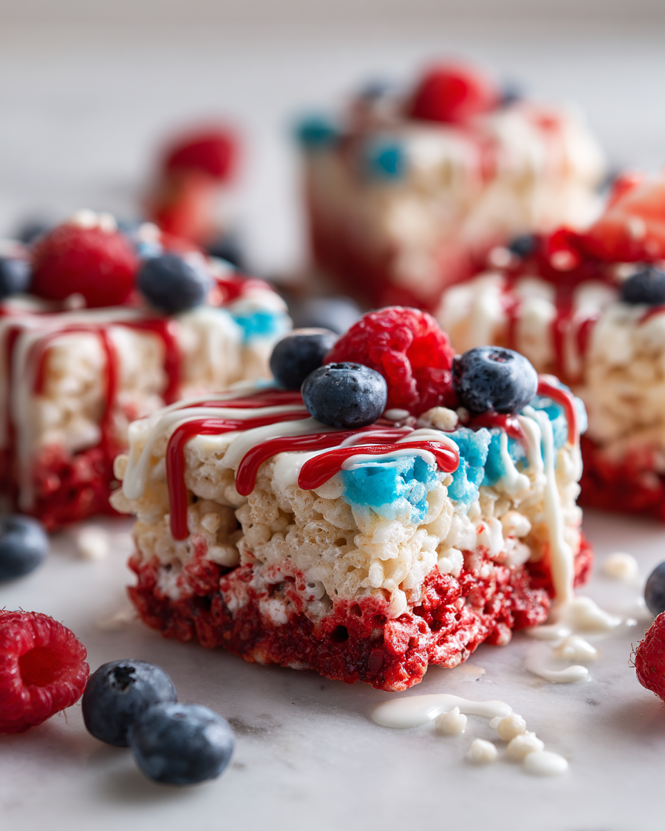 Golosinas patrióticas de Rice Krispies en colores rojo, blanco y azul ideales para celebraciones de verano