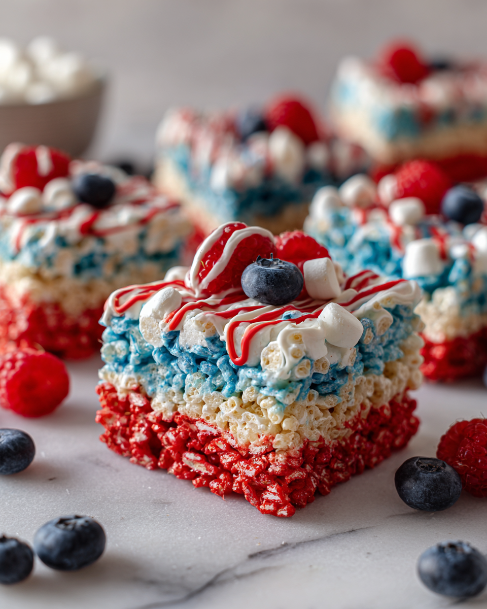 Golosinas patrióticas de Rice Krispies en colores rojo, blanco y azul ideales para celebraciones de verano