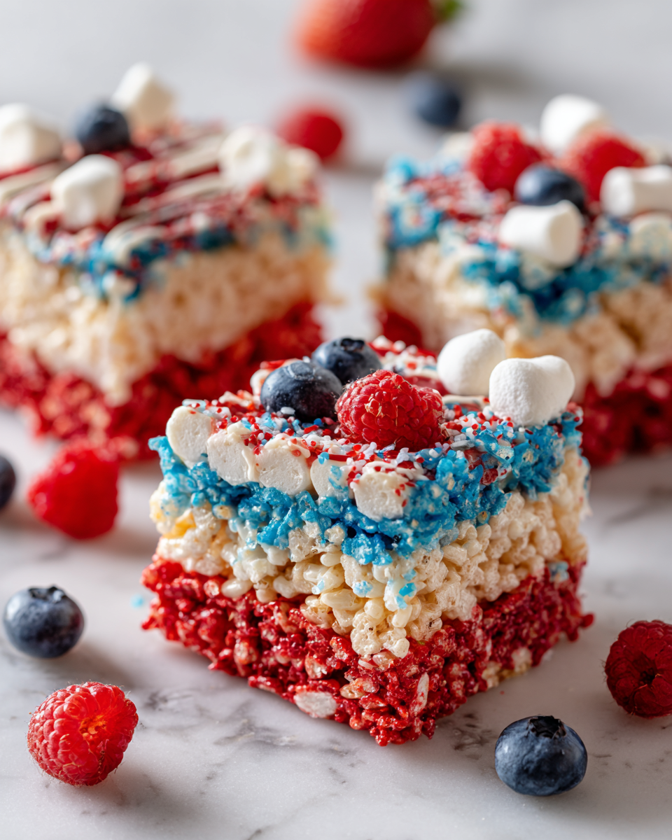 Golosinas patrióticas de Rice Krispies en colores rojo, blanco y azul ideales para celebraciones de verano
