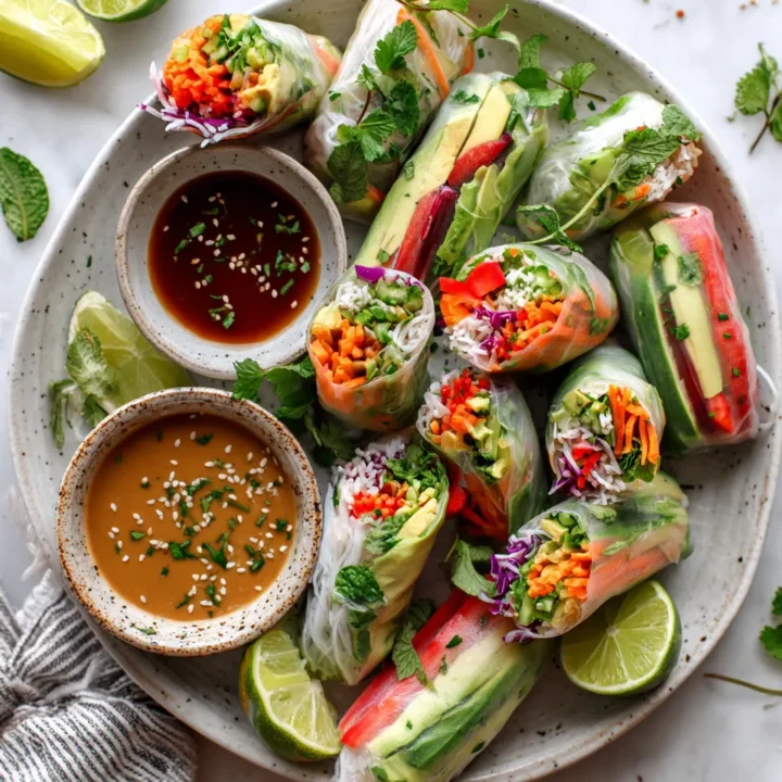 Deliciosos Rollitos de Primavera Veganos Rollitos de primavera veganos frescos y crujientes, ideales para compartir en fiestas, llenos de sabor y colorido.