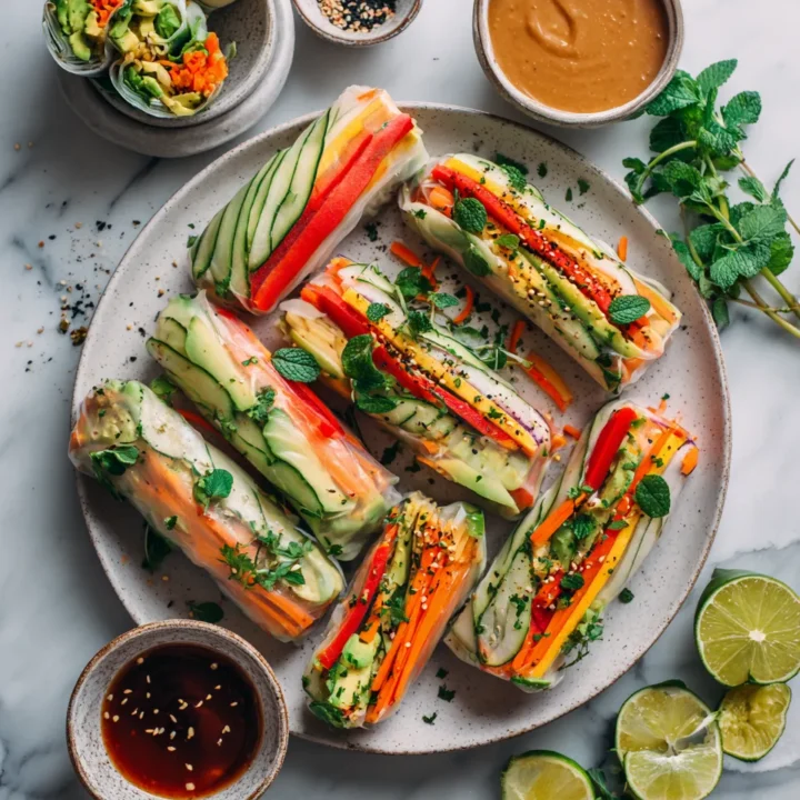 Deliciosos Rollitos de Primavera Veganos Rollitos de primavera veganos frescos y crujientes, ideales para compartir en fiestas, llenos de sabor y colorido.