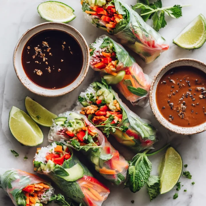 Deliciosos Rollitos de Primavera Veganos Rollitos de primavera veganos frescos y crujientes, ideales para compartir en fiestas, llenos de sabor y colorido.