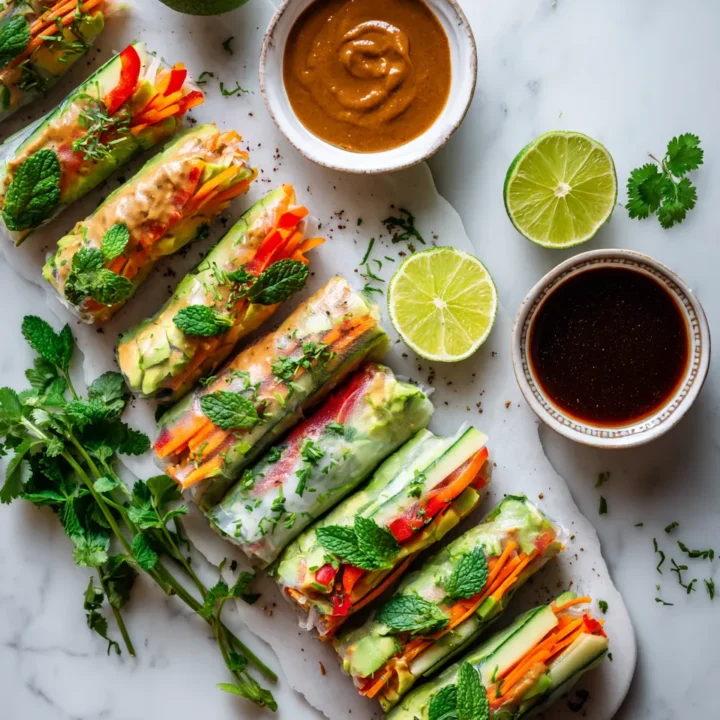 Deliciosos Rollitos de Primavera Veganos Rollitos de primavera veganos frescos y crujientes, ideales para compartir en fiestas, llenos de sabor y colorido.