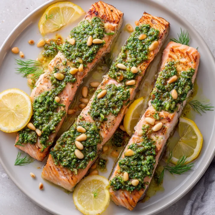 Salmón fresco al pesto preparado de manera sencilla y deliciosa, ideal para primavera.