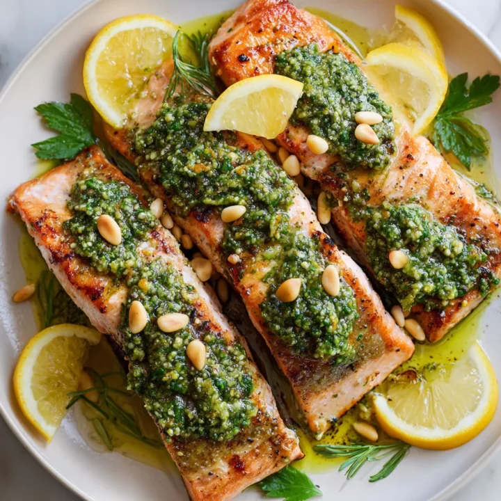 Delicioso Salmón con Pesto para Celebrar la Primavera Salmón fresco al pesto preparado de manera sencilla y deliciosa, ideal para primavera.