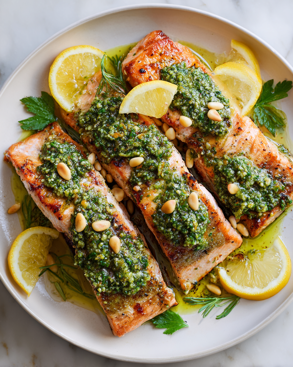 Salmón fresco al pesto preparado de manera sencilla y deliciosa, ideal para primavera.