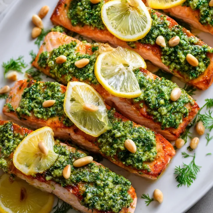 Delicioso Salmón con Pesto para Celebrar la Primavera Salmón fresco al pesto preparado de manera sencilla y deliciosa, ideal para primavera.