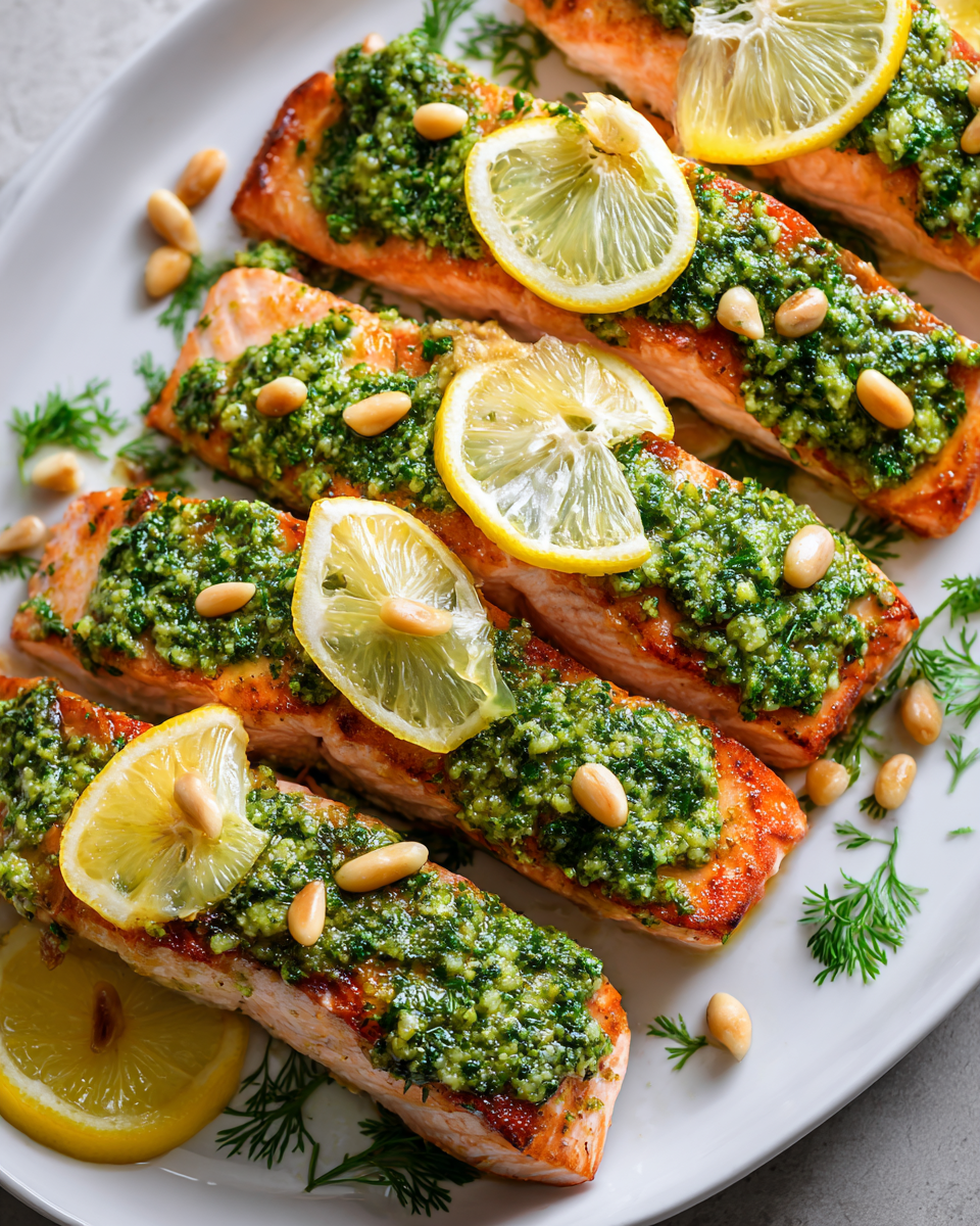 Salmón fresco al pesto preparado de manera sencilla y deliciosa, ideal para primavera.