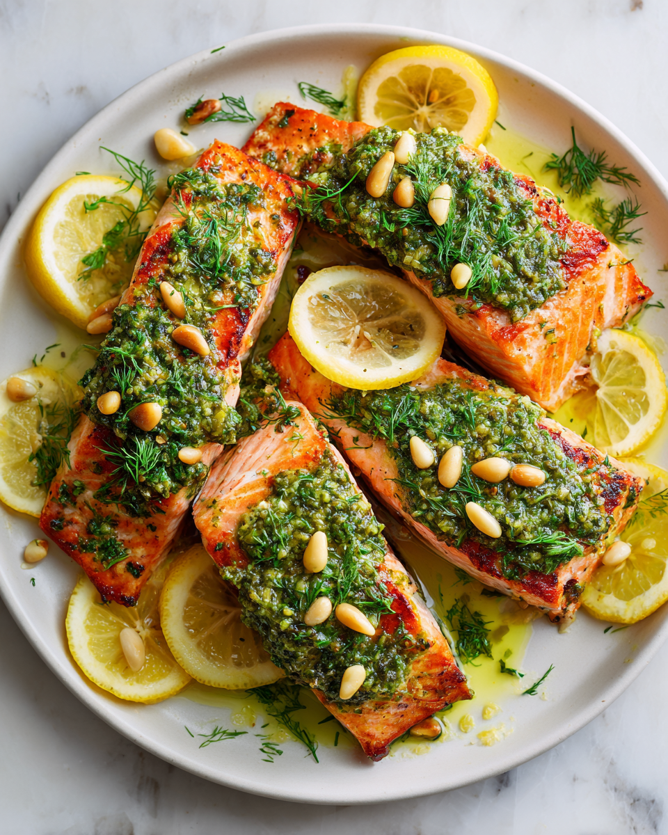 Salmón fresco al pesto preparado de manera sencilla y deliciosa, ideal para primavera.