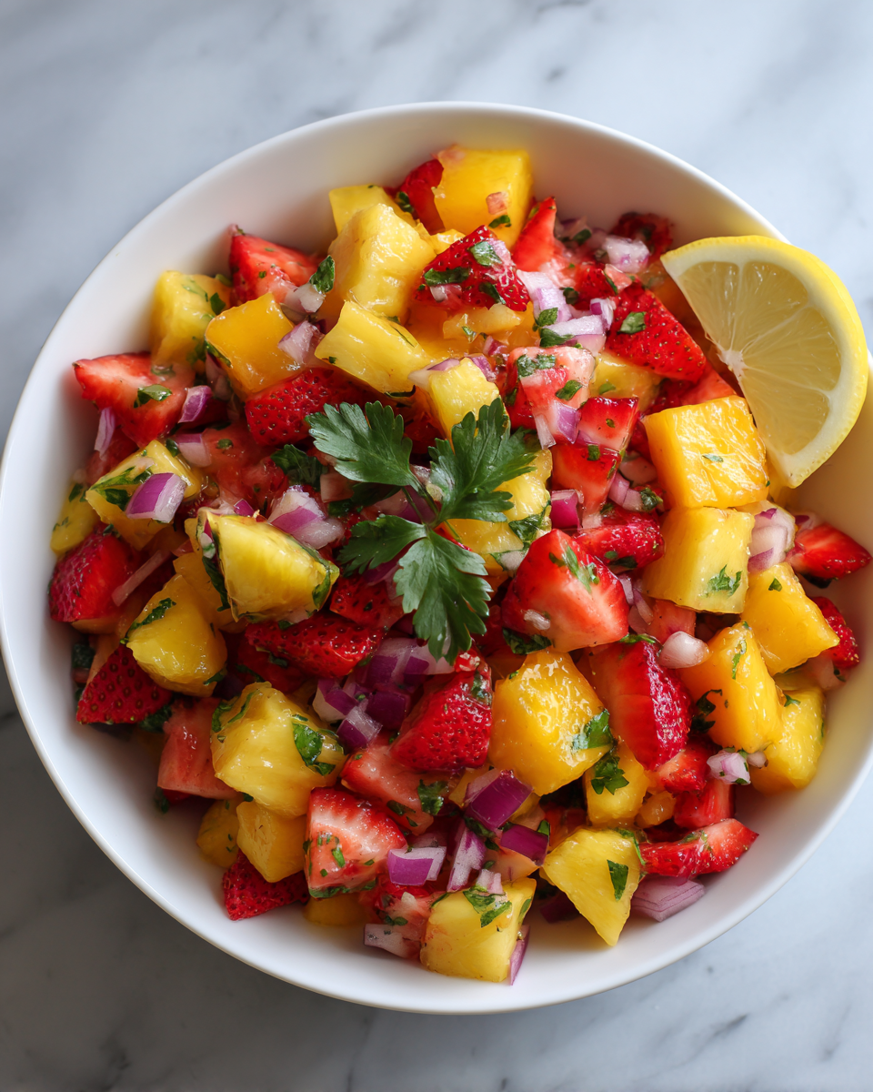 Refrescante salsa de frutas ideal para fiestas de verano, fácil de preparar y llena de sabores vibrantes.