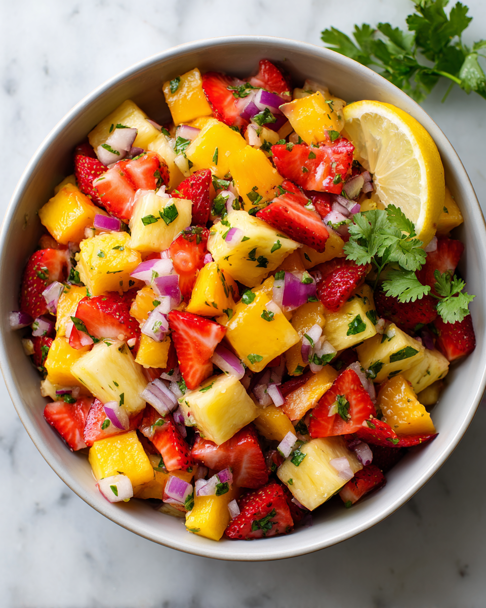 Refrescante salsa de frutas ideal para fiestas de verano, fácil de preparar y llena de sabores vibrantes.