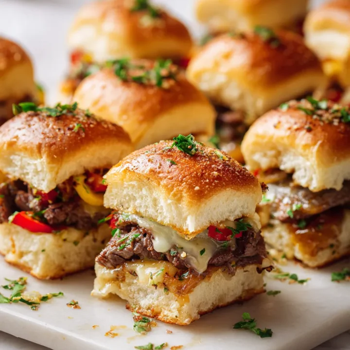 Sliders de Philly Cheesesteak con carne tierna y queso derretido, perfectos para compartir en reuniones. Receta fácil y deliciosa.