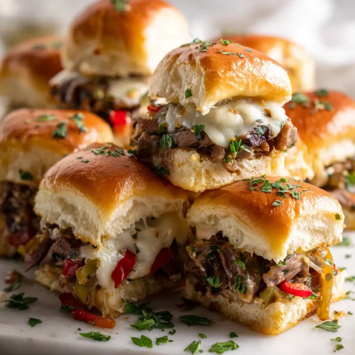 Sliders de Philly Cheesesteak con carne tierna y queso derretido, perfectos para compartir en reuniones. Receta fácil y deliciosa.