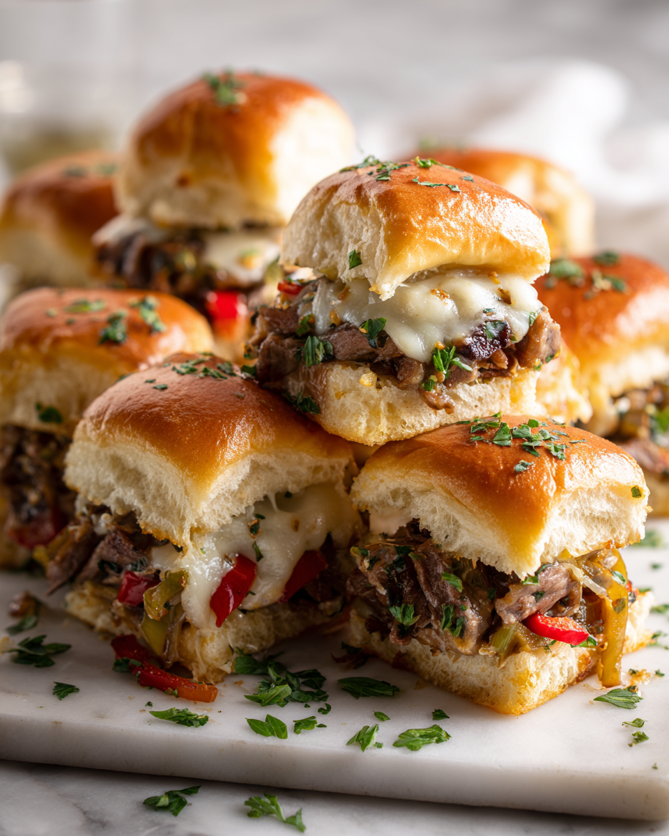 Sliders de Philly Cheesesteak con carne tierna y queso derretido, perfectos para compartir en reuniones. Receta fácil y deliciosa.