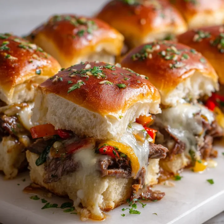 Sliders de Philly Cheesesteak con carne tierna y queso derretido, perfectos para compartir en reuniones. Receta fácil y deliciosa.