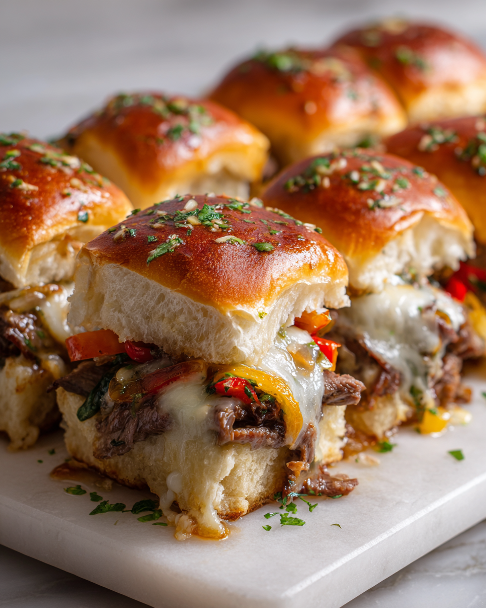 Sliders de Philly Cheesesteak con carne tierna y queso derretido, perfectos para compartir en reuniones. Receta fácil y deliciosa.