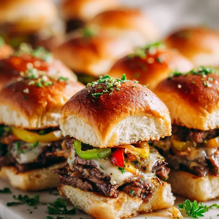 Sliders de Philly Cheesesteak con carne tierna y queso derretido, perfectos para compartir en reuniones. Receta fácil y deliciosa.