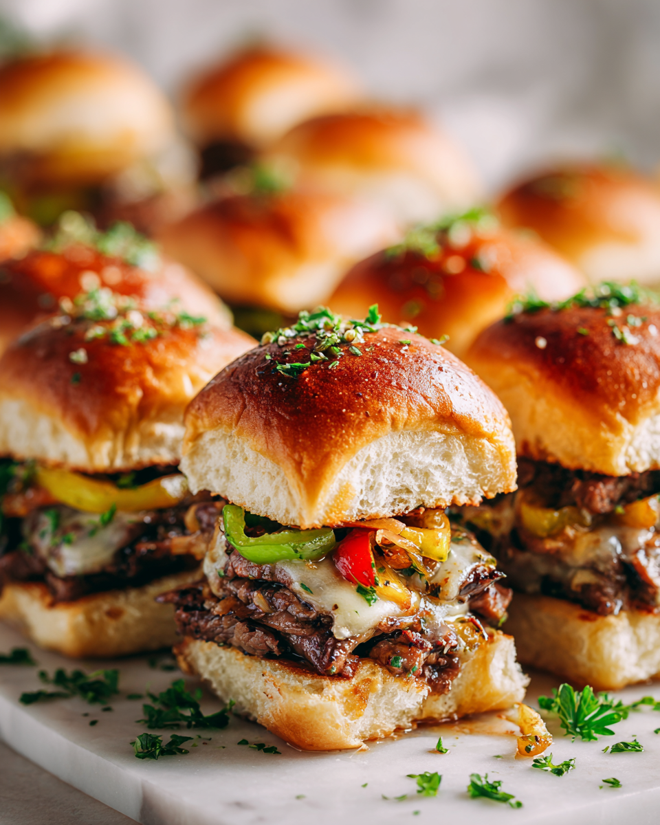 Sliders de Philly Cheesesteak con carne tierna y queso derretido, perfectos para compartir en reuniones. Receta fácil y deliciosa.