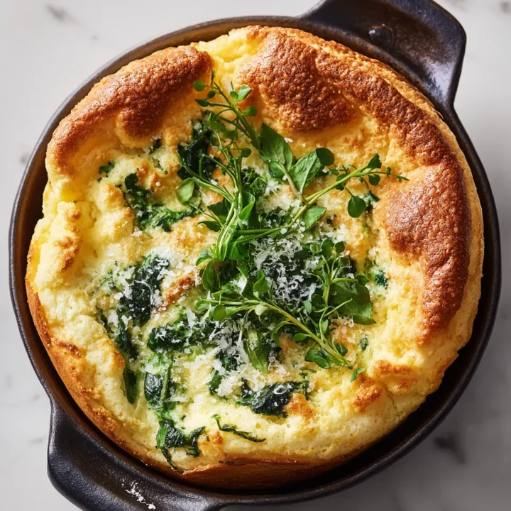 Delicioso Soufflé de Espinacas para Celebrar la Primavera Soufflé de espinacas fresco y esponjoso, ideal para celebraciones primaverales, fácil de preparar y delicioso.