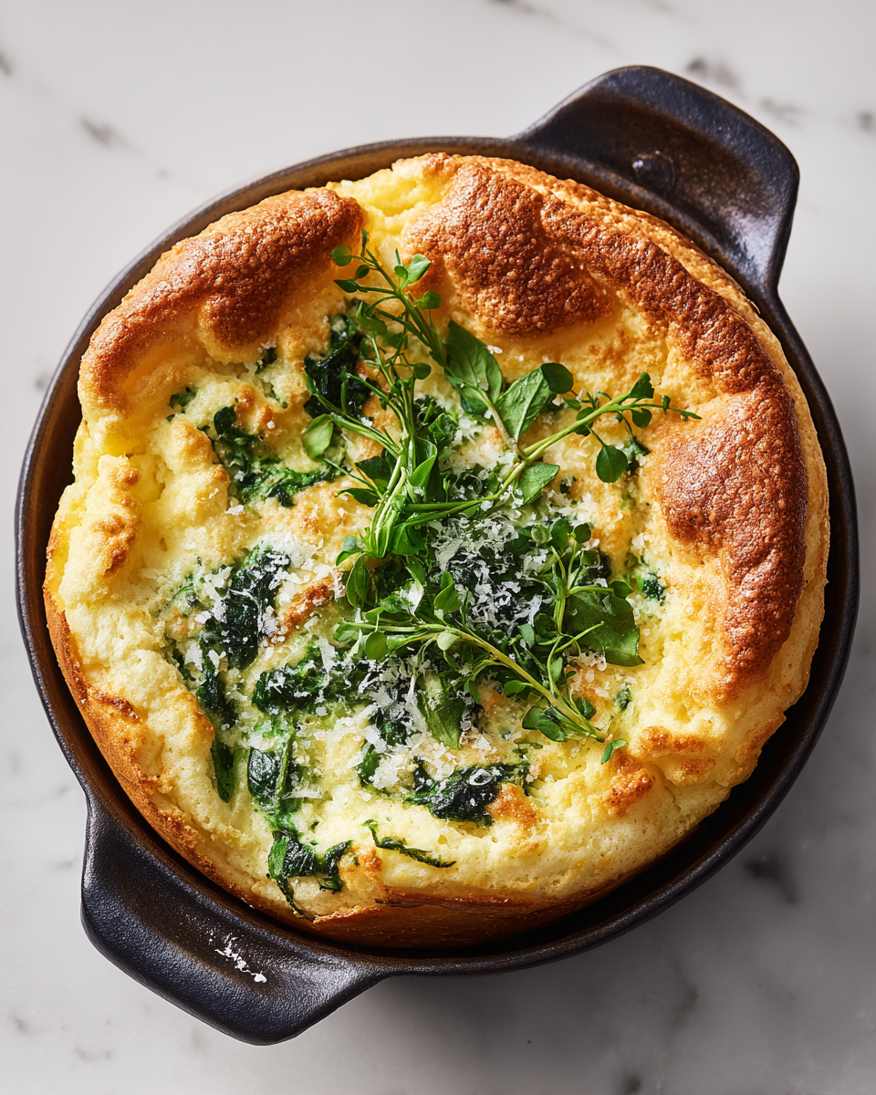 Soufflé de espinacas fresco y esponjoso, ideal para celebraciones primaverales, fácil de preparar y delicioso.