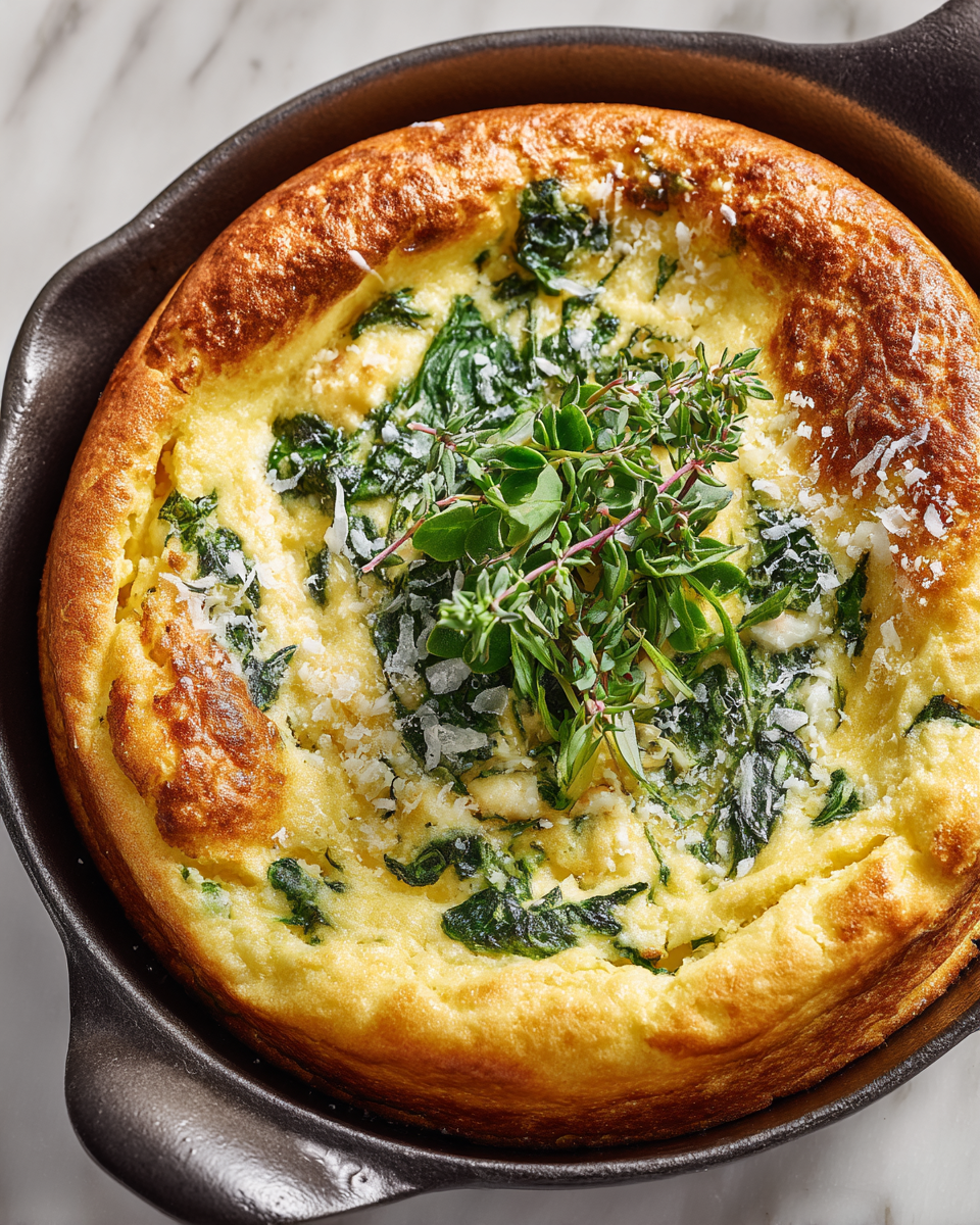 Soufflé de espinacas fresco y esponjoso, ideal para celebraciones primaverales, fácil de preparar y delicioso.