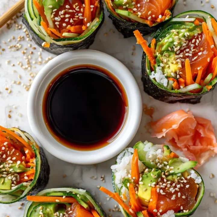Sushi Wraps TikTok coloridos y deliciosos, perfectos para compartir en reuniones con ingredientes frescos y saludables.