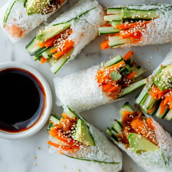 Sushi Wraps TikTok coloridos y deliciosos, perfectos para compartir en reuniones con ingredientes frescos y saludables.