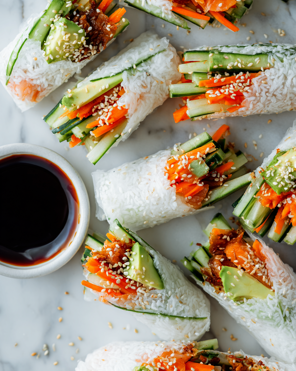 Deliciosos Sushi Wraps TikTok para Compartir Sushi Wraps TikTok coloridos y deliciosos, perfectos para compartir en reuniones con ingredientes frescos y saludables.