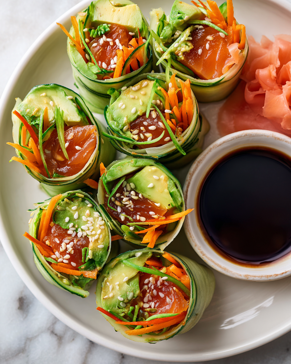 Deliciosos Sushi Wraps TikTok para Compartir Sushi Wraps TikTok coloridos y deliciosos, perfectos para compartir en reuniones con ingredientes frescos y saludables.