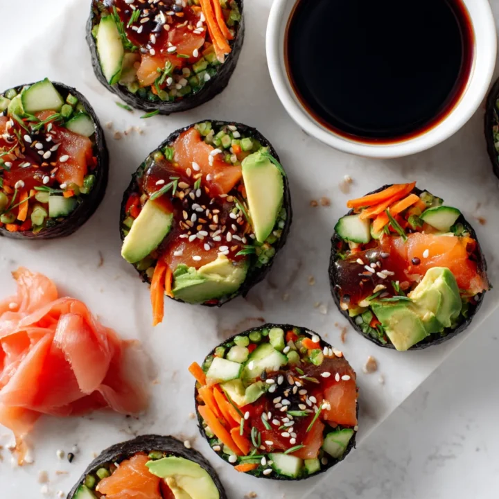 Sushi Wraps TikTok coloridos y deliciosos, perfectos para compartir en reuniones con ingredientes frescos y saludables.