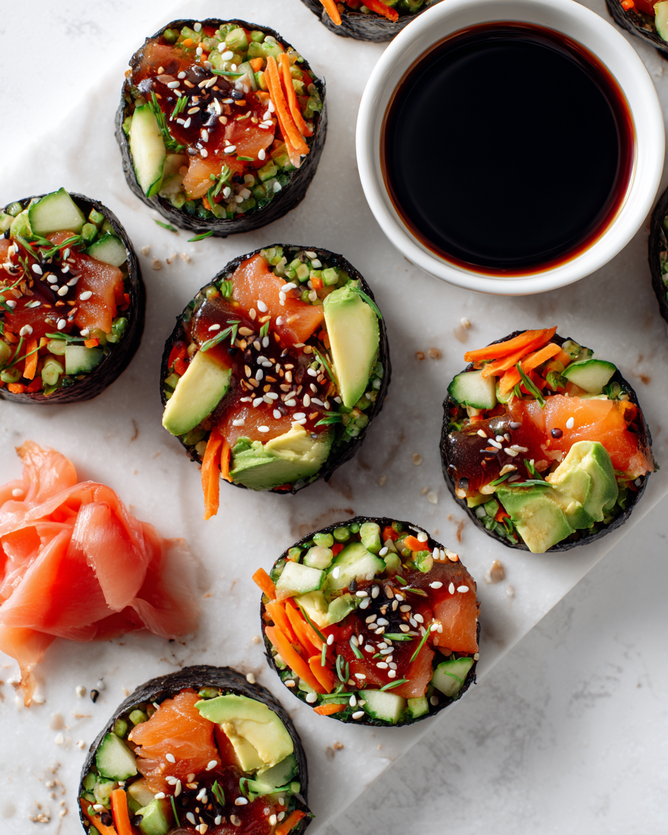 Deliciosos Sushi Wraps TikTok para Compartir Sushi Wraps TikTok coloridos y deliciosos, perfectos para compartir en reuniones con ingredientes frescos y saludables.