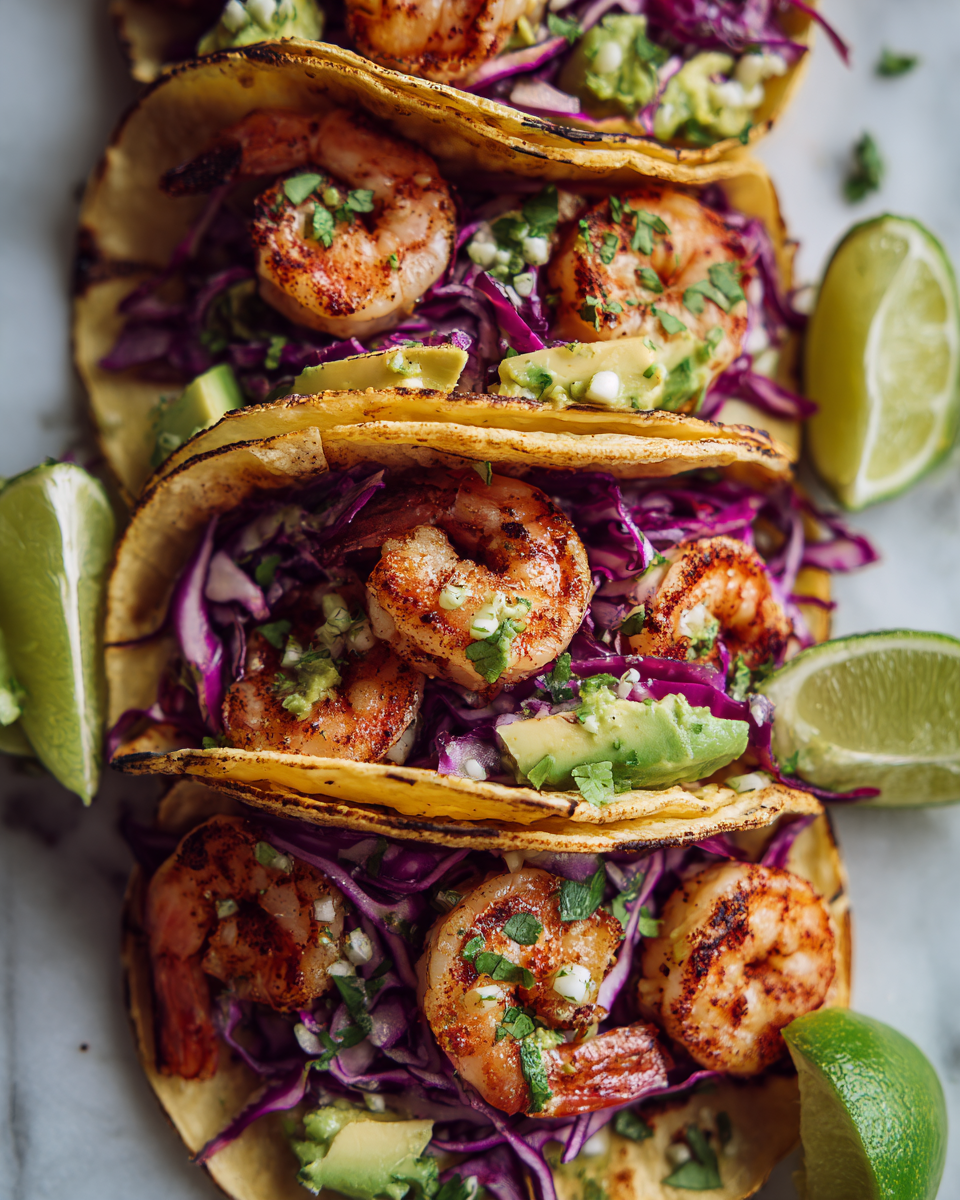 Tacos de camarones con aguacate, un plato ideal para compartir con amigos y familia, frescura y sabores vibrantes en cada bocado.