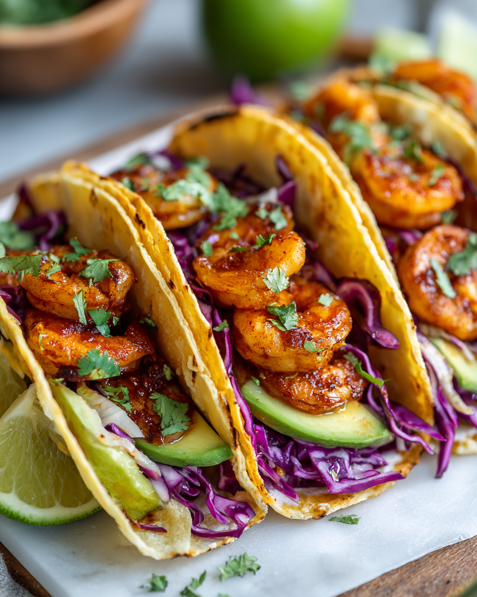 Deliciosos Tacos de Camarones con Aguacate Tacos de camarones con aguacate, un plato ideal para compartir con amigos y familia, frescura y sabores vibrantes en cada bocado.