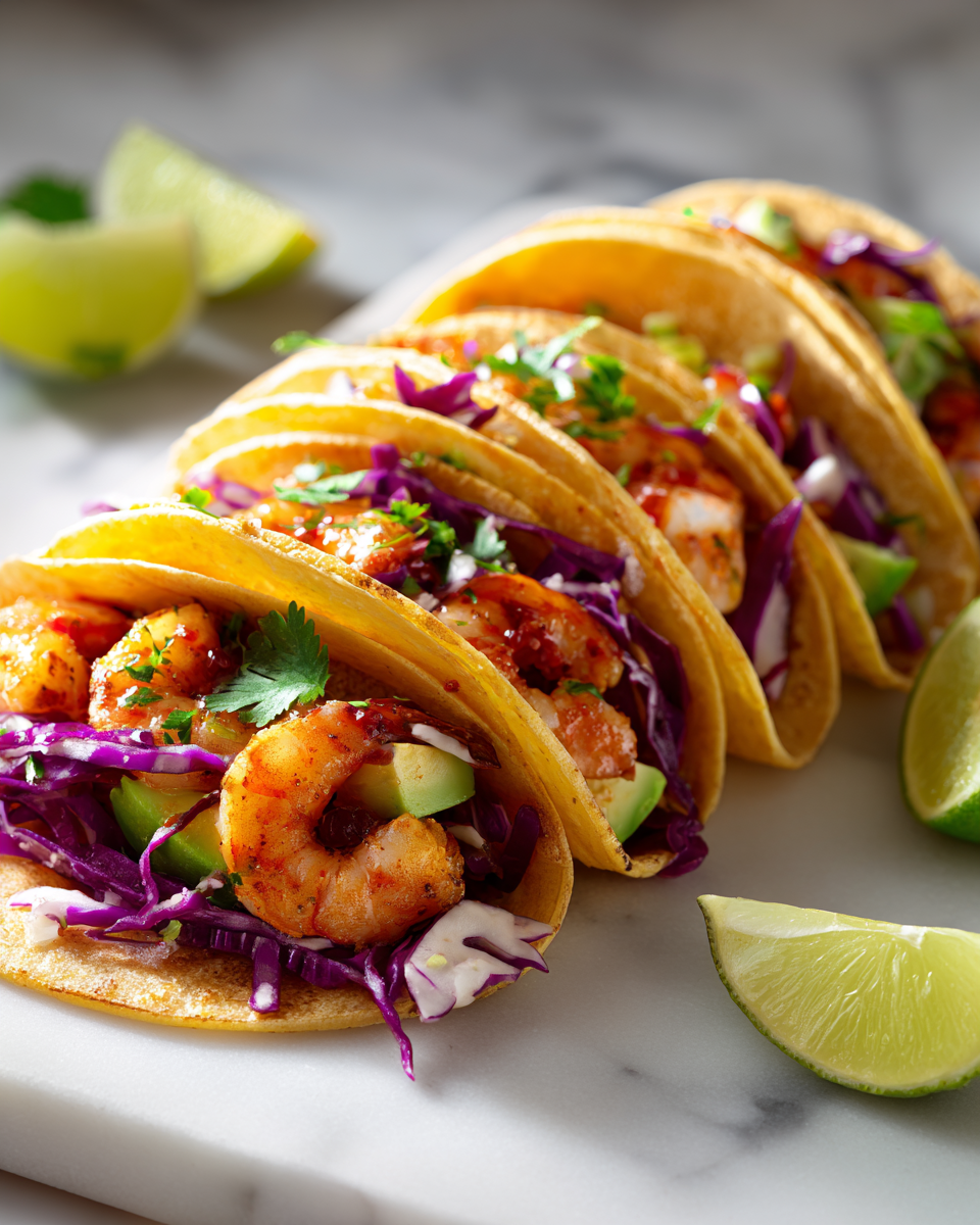 Deliciosos Tacos de Camarones con Aguacate Tacos de camarones con aguacate, un plato ideal para compartir con amigos y familia, frescura y sabores vibrantes en cada bocado.