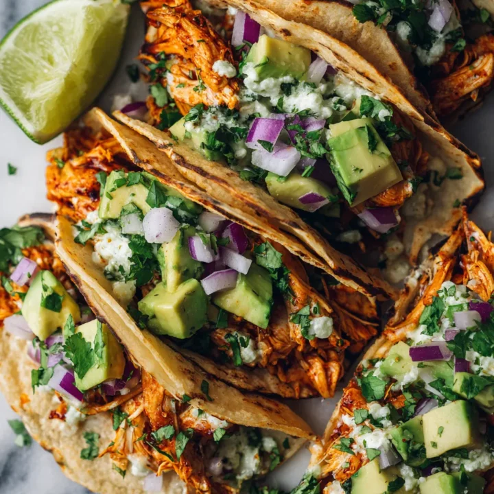 Tacos de pollo rostizado, rápidos y deliciosos, ideales para cenas. Comida acogedora y festiva, listos en 30 minutos.