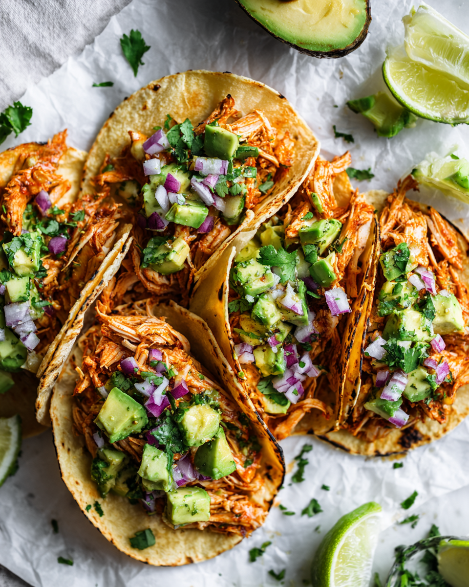 Tacos de pollo rostizado, rápidos y deliciosos, ideales para cenas. Comida acogedora y festiva, listos en 30 minutos.