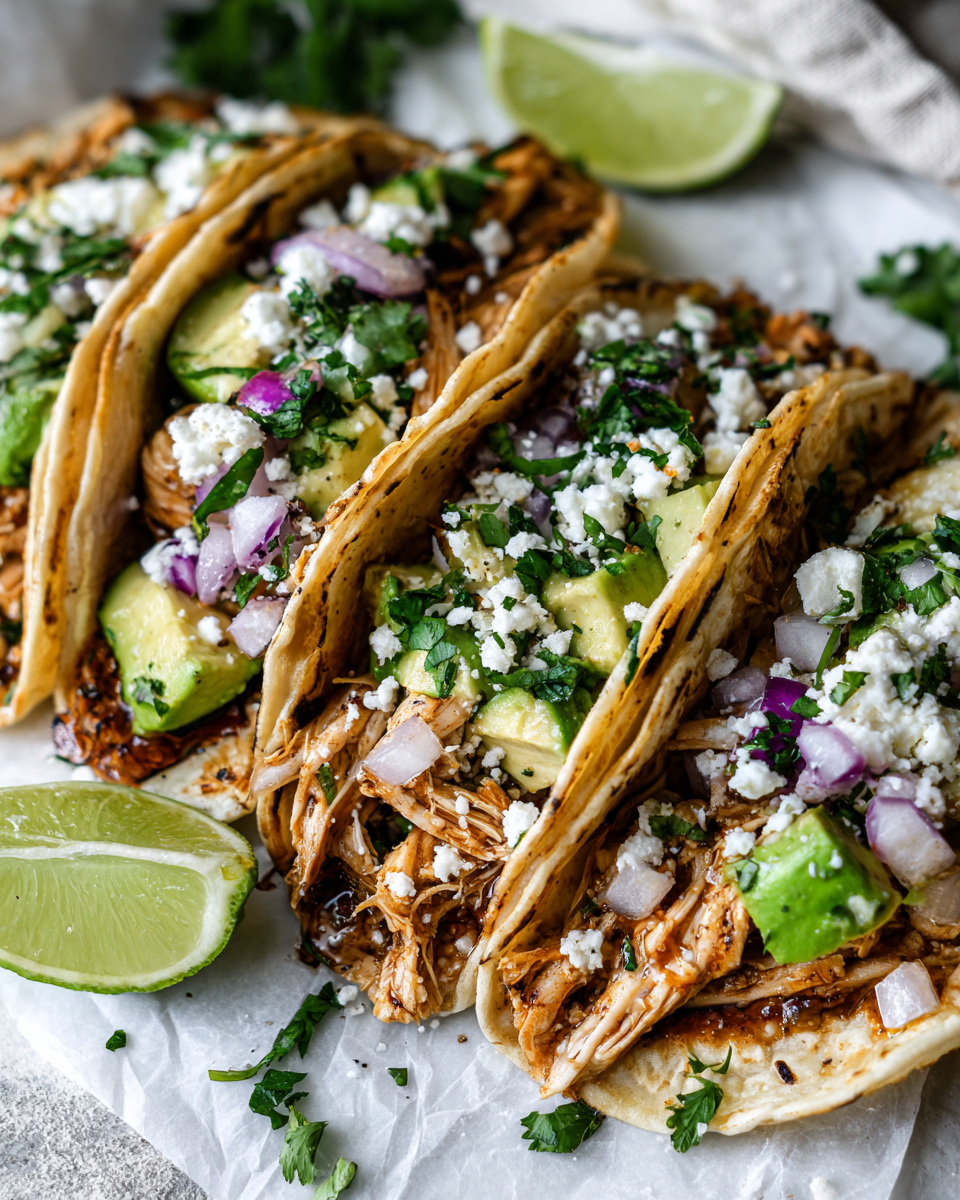 Tacos de pollo rostizado, rápidos y deliciosos, ideales para cenas. Comida acogedora y festiva, listos en 30 minutos.
