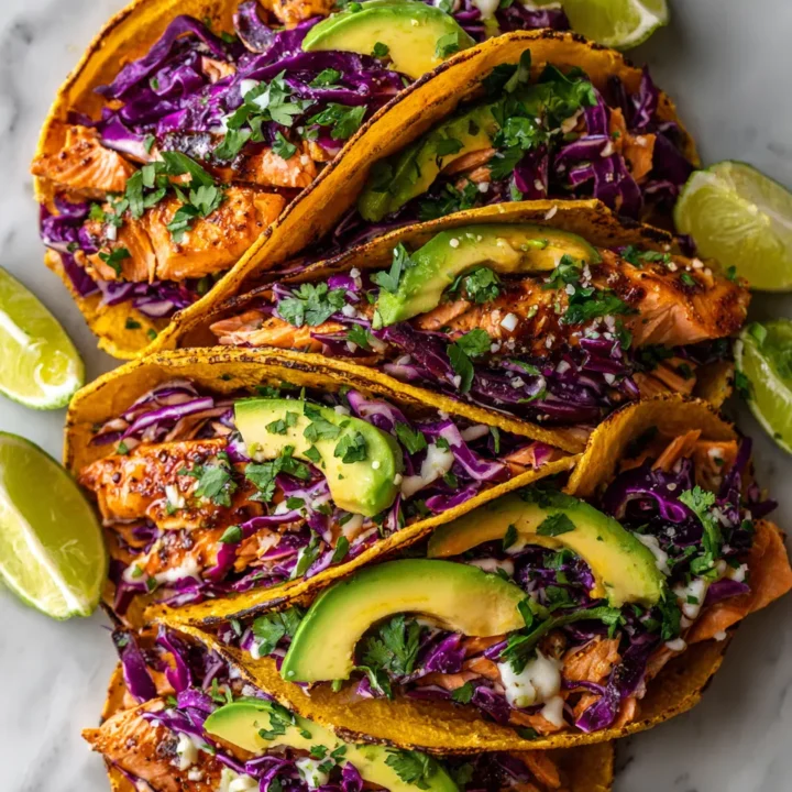 Tacos de salmón ennegrecido con aguacate y repollo, perfectos para una cena rápida y deliciosa.