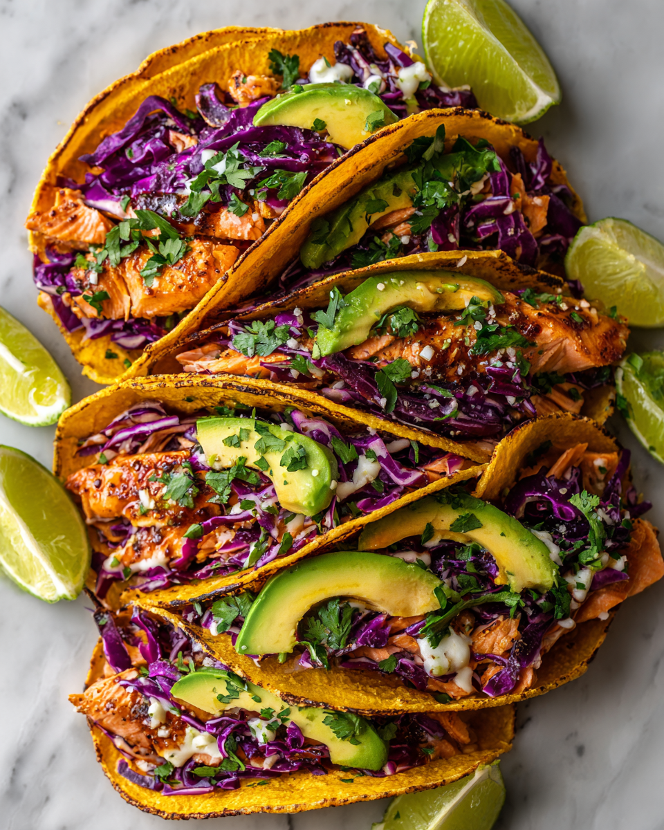 Tacos de salmón ennegrecido con aguacate y repollo, perfectos para una cena rápida y deliciosa.