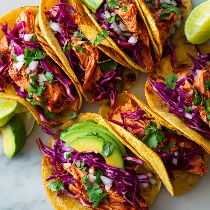 Tacos de salmón ennegrecido con aguacate y repollo, perfectos para una cena rápida y deliciosa.