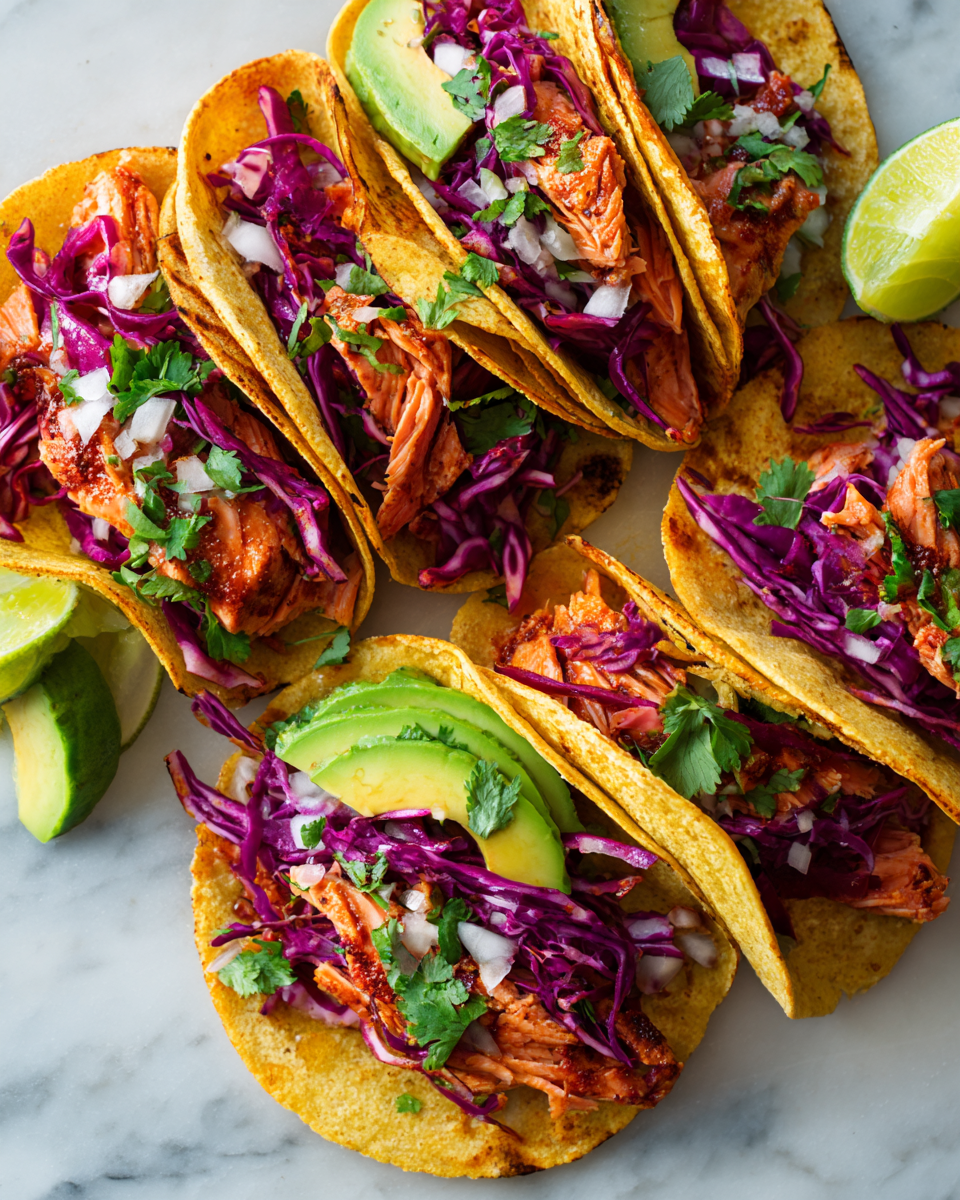 Deliciosos Tacos de Salmón Ennegrecido en 30 Minutos Tacos de salmón ennegrecido con aguacate y repollo, perfectos para una cena rápida y deliciosa.