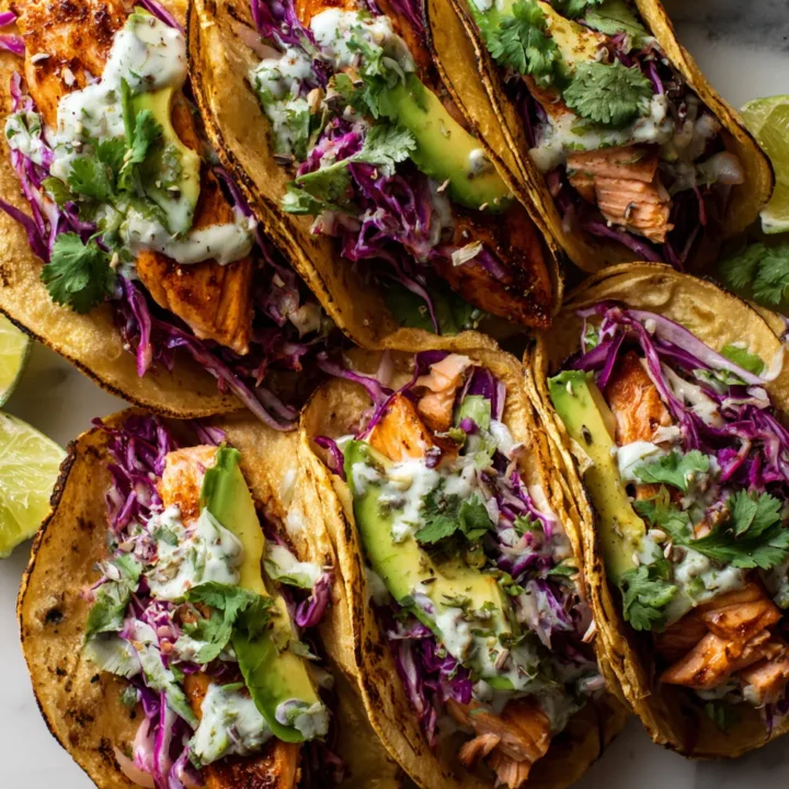 Tacos de salmón ennegrecido con aguacate y repollo, perfectos para una cena rápida y deliciosa.