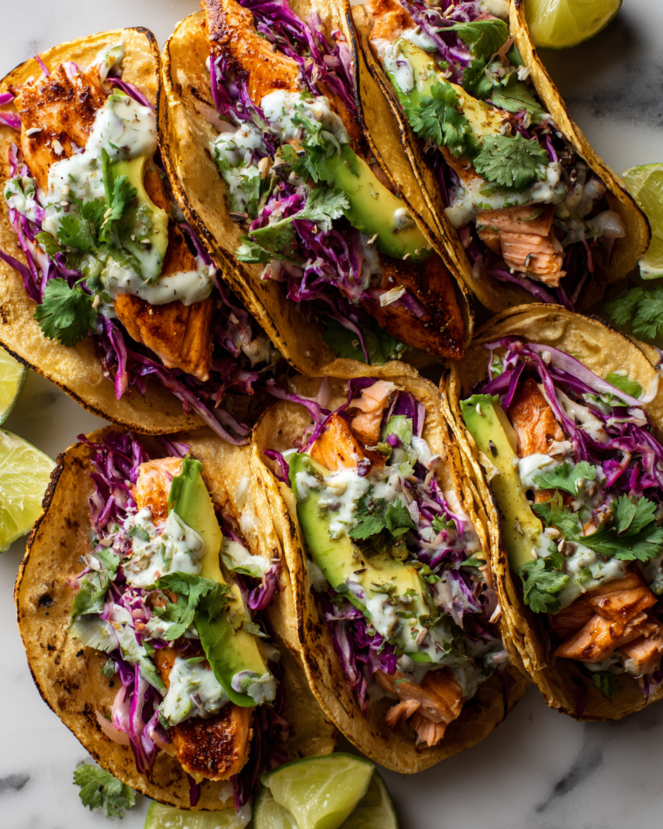 Deliciosos Tacos de Salmón Ennegrecido en 30 Minutos Tacos de salmón ennegrecido con aguacate y repollo, perfectos para una cena rápida y deliciosa.