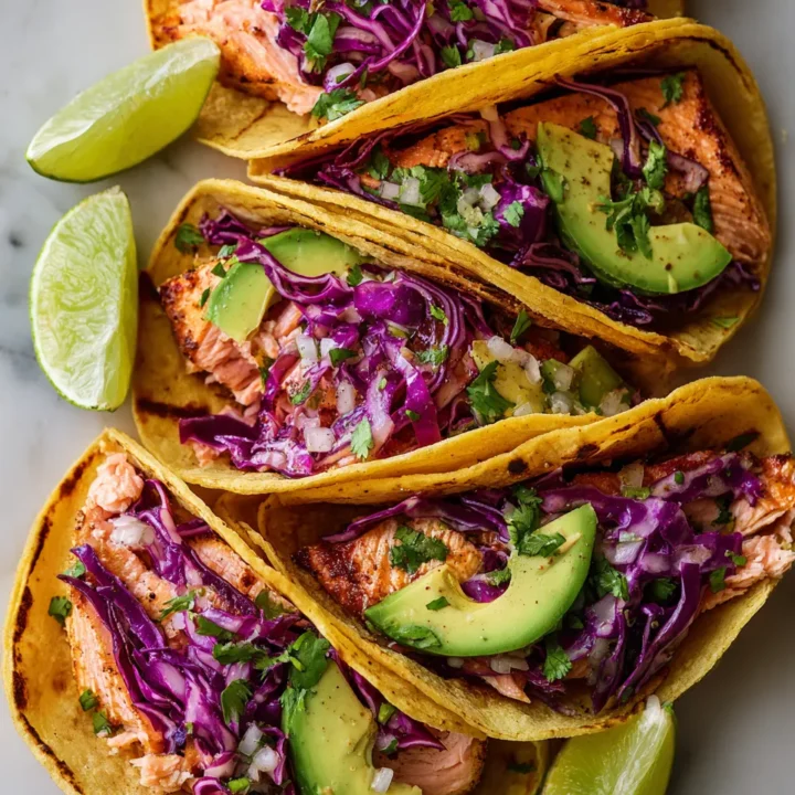 Tacos de salmón ennegrecido con aguacate y repollo, perfectos para una cena rápida y deliciosa.