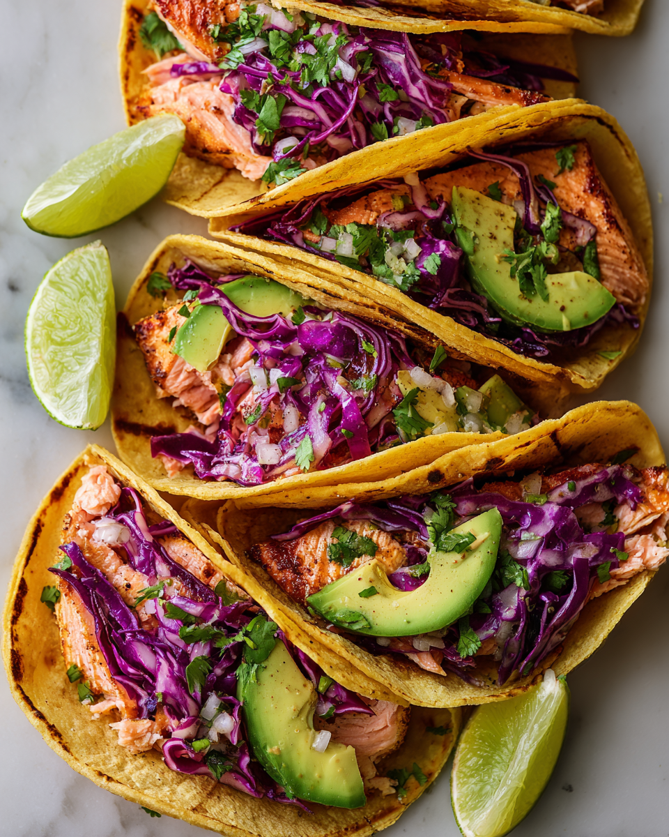 Deliciosos Tacos de Salmón Ennegrecido en 30 Minutos Tacos de salmón ennegrecido con aguacate y repollo, perfectos para una cena rápida y deliciosa.